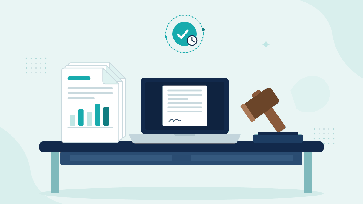 Flat illustration of an expert report with charts, a laptop showing the draft and a gavel, with a teal timestamp badge
