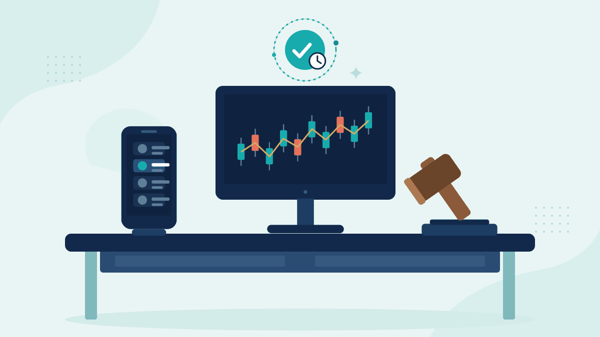 Flat illustration of a phone with a client order email, a trading screen with a candlestick chart and a gavel