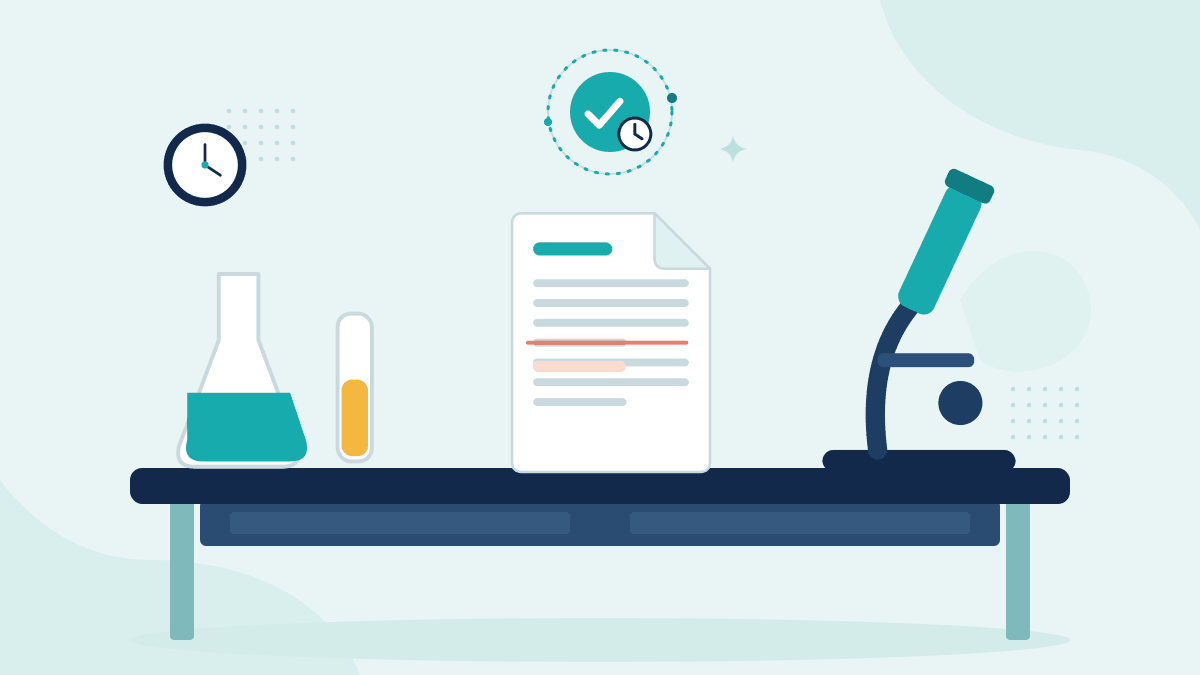 Flat illustration of lab flasks, a research protocol with a revised line and a microscope, with a teal timestamp badge