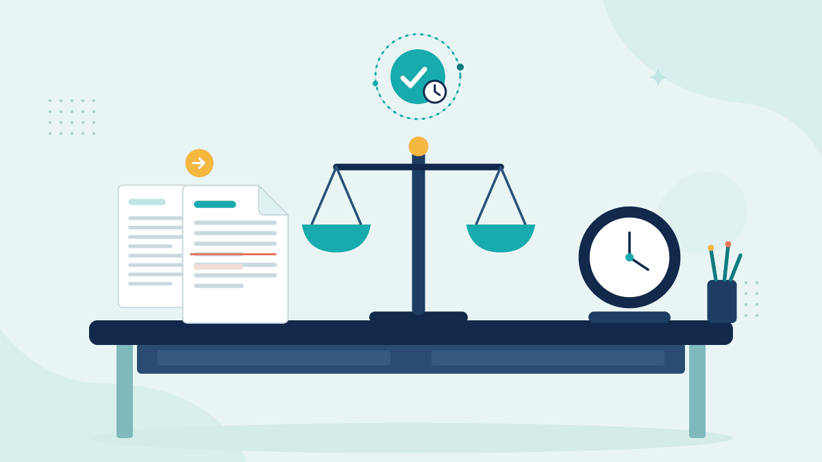 Flat illustration of two competing contract drafts, scales of justice and a desk clock, with a teal timestamp badge