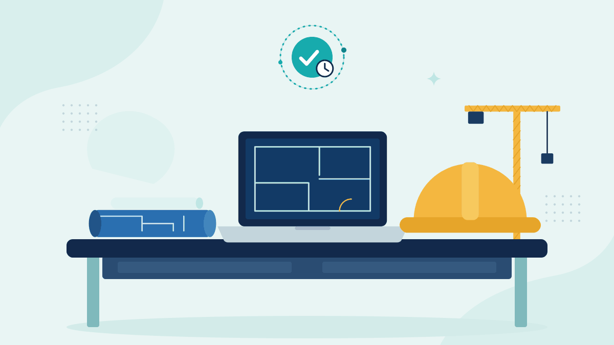 Flat illustration of rolled design drawings, a laptop showing plans and a hard hat, beside a tower crane