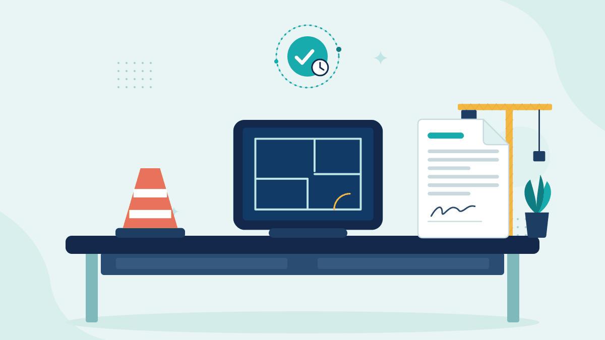 Flat illustration of a traffic cone, a tablet with renovation plans and a signed variation, beside a tower crane