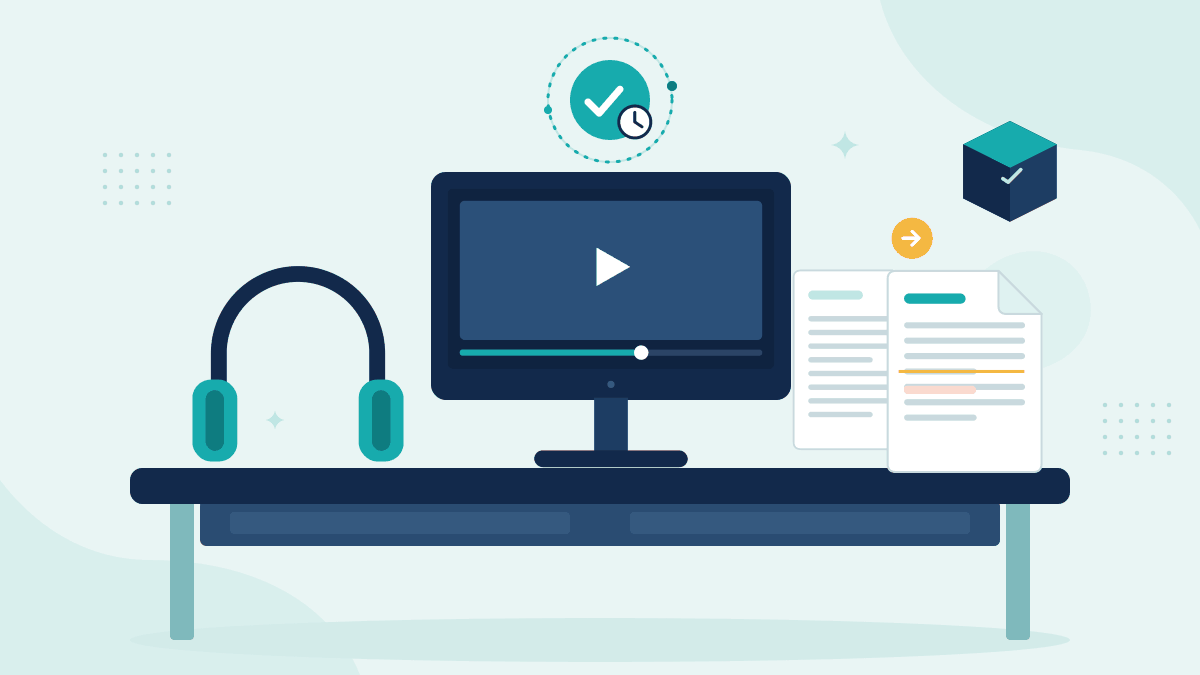 Flat illustration of headphones, a monitor playing a video edit and two versions of a script, with a teal timestamp badge