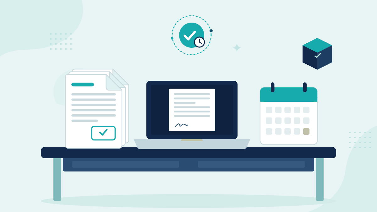 Flat illustration of a stack of court filings, a laptop showing a signed deed and a calendar, with a teal timestamp badge