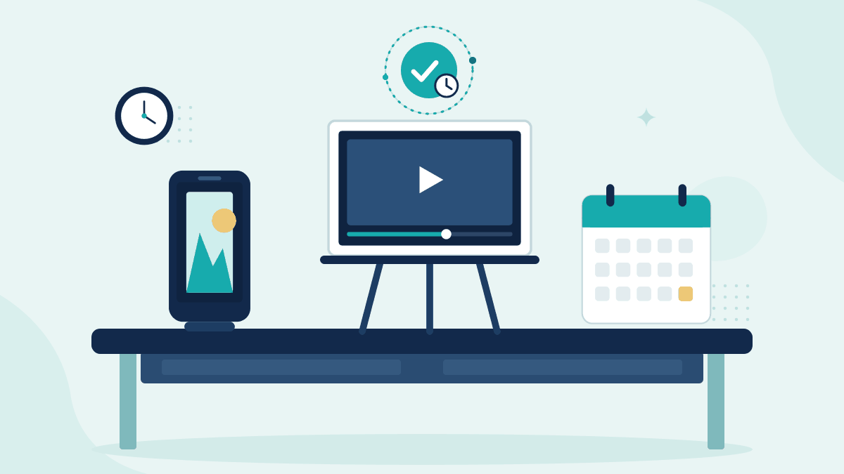 Flat illustration of a phone with campaign photos, a launch video on an easel and a calendar, with a teal timestamp badge
