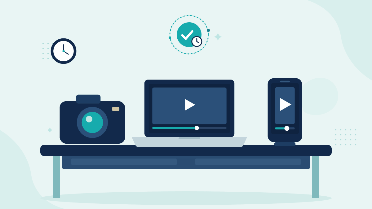 Flat illustration of a camera, a laptop playing a creator video and a phone showing the same clip, with a timestamp badge