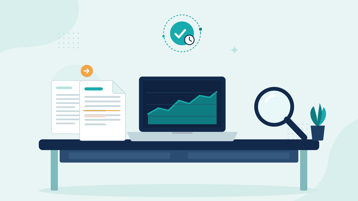 Flat illustration of two conflicting record versions, a laptop showing a compliance timeline and a magnifying glass