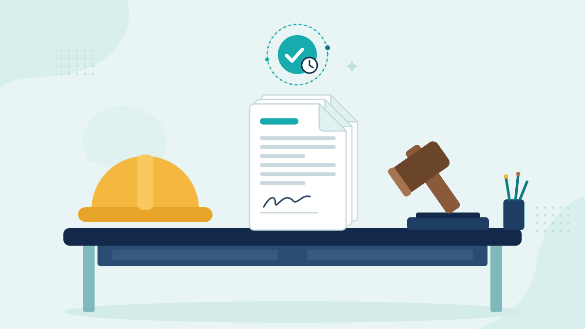 Flat illustration of a hard hat, a signed construction contract and a gavel, with a teal timestamp badge