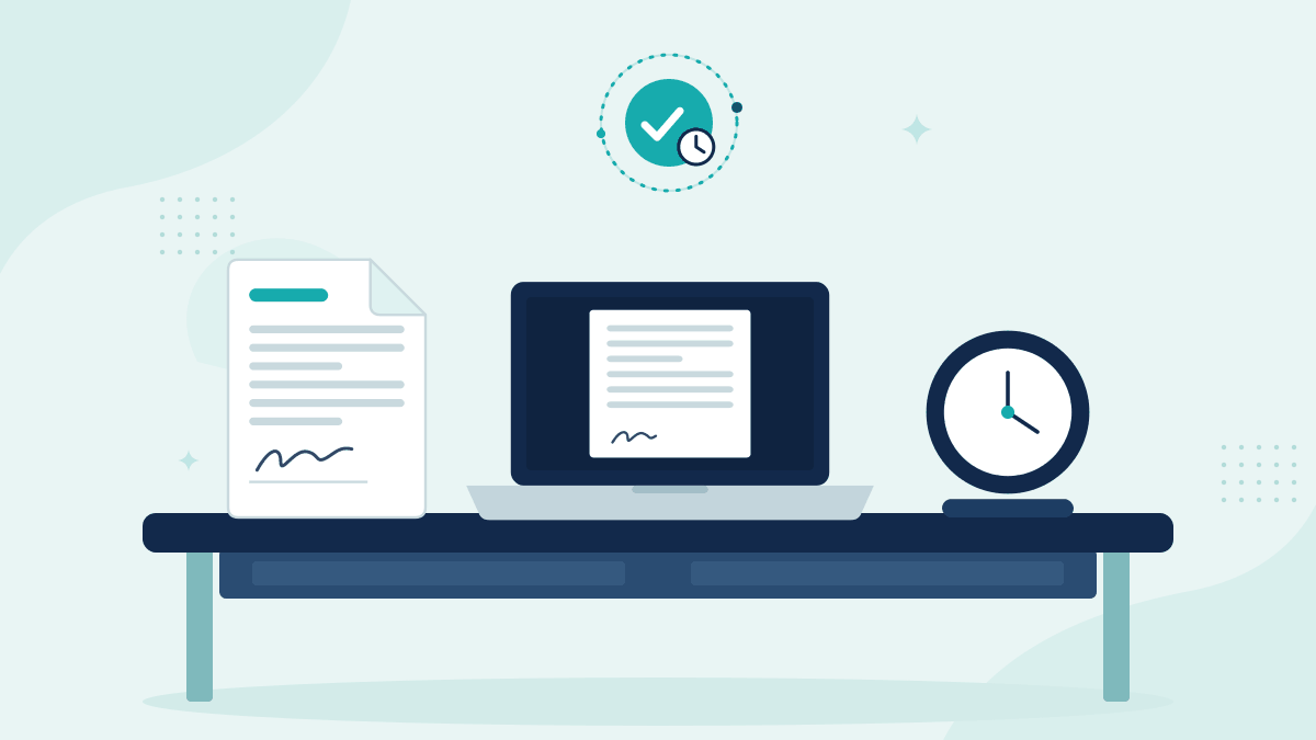 Flat illustration of a signed legal document, a laptop showing a signed deed and a desk clock, with a teal timestamp badge