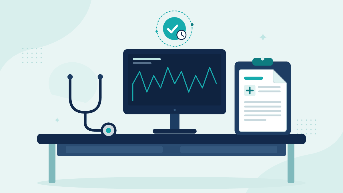Flat illustration of a stethoscope, a monitor with a patient vitals trace and a hospital chart, with a teal timestamp badge