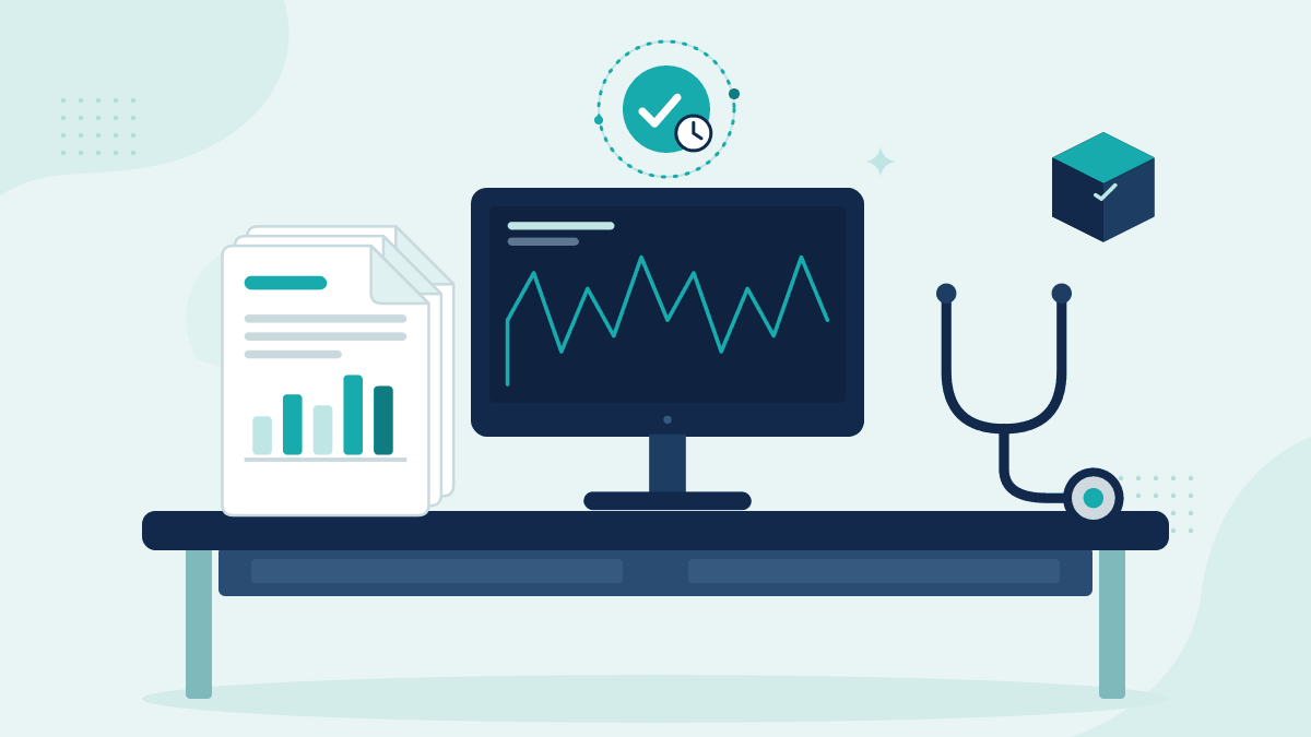 Flat illustration of a draft cardiology manuscript, a monitor with research data and a stethoscope, with a timestamp badge