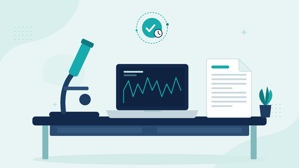 Flat illustration of a microscope, a laptop showing lab results and a research notebook page, with a teal timestamp badge