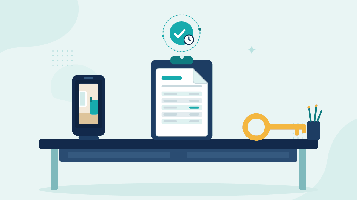 Flat illustration of a phone with a rental room photo, an entry condition report and a key, with a teal timestamp badge