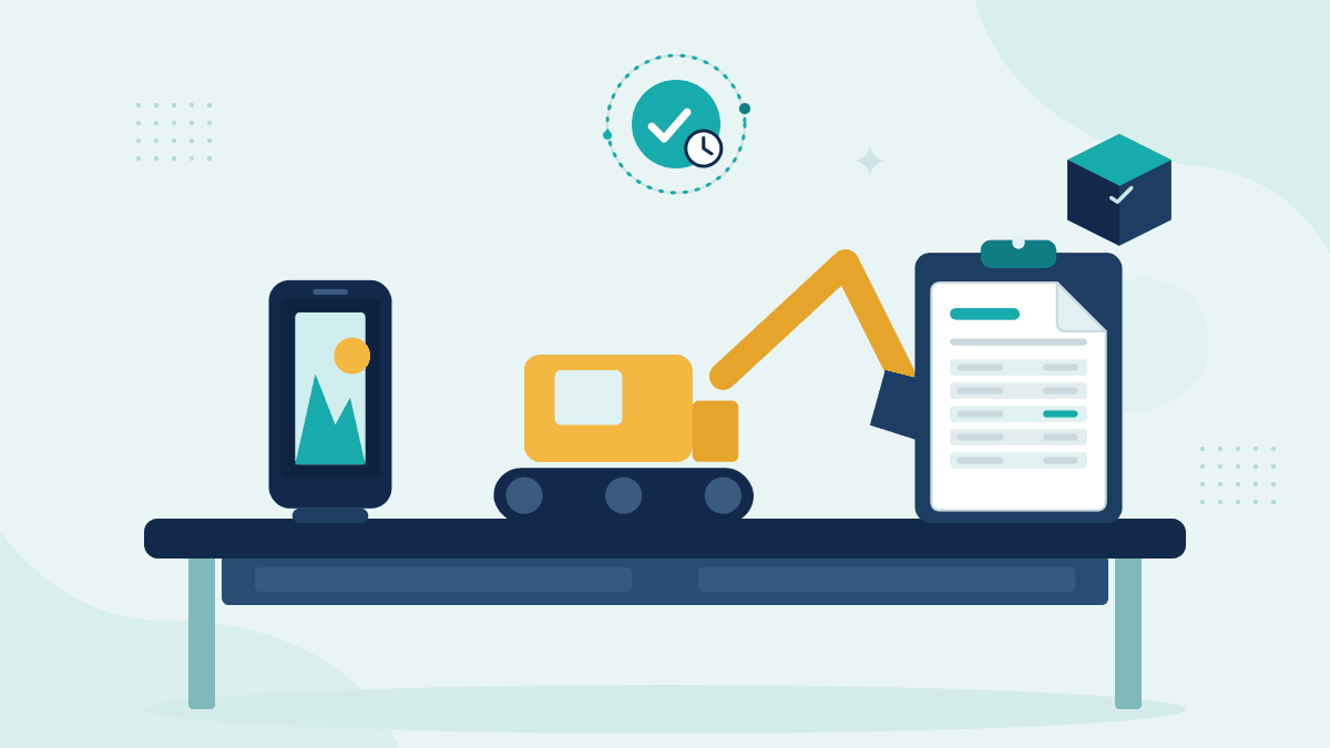 Flat illustration of a phone with return photos, a hire excavator and a return log on a clipboard, with a timestamp badge