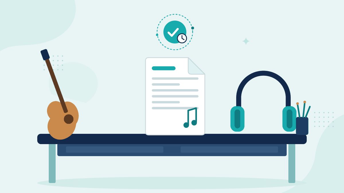 Flat illustration of an acoustic guitar, a lyric sheet with a music note and headphones on a desk, with a timestamp badge