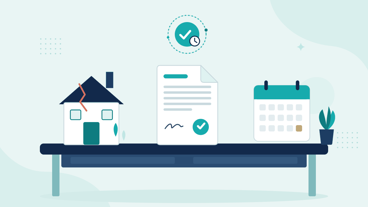 Flat illustration of a storm-damaged house, an insurance policy document and a calendar with the cover date