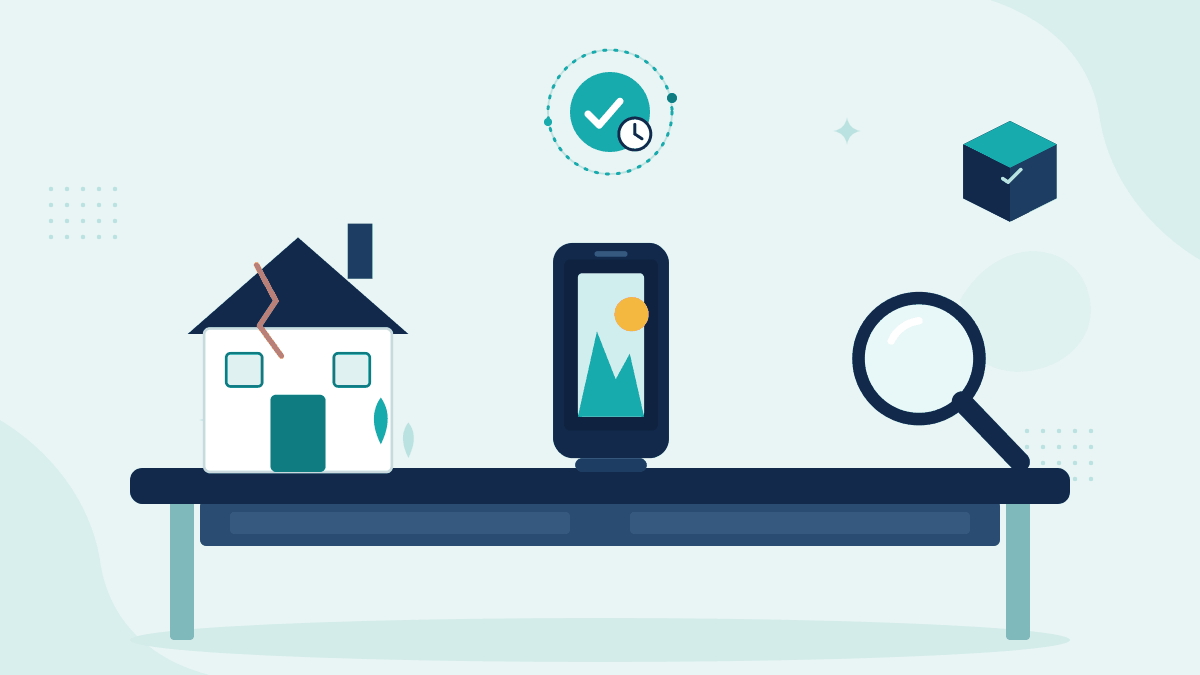 Flat illustration of a storm-damaged house, a phone with damage photos and a magnifying glass, with a teal timestamp badge