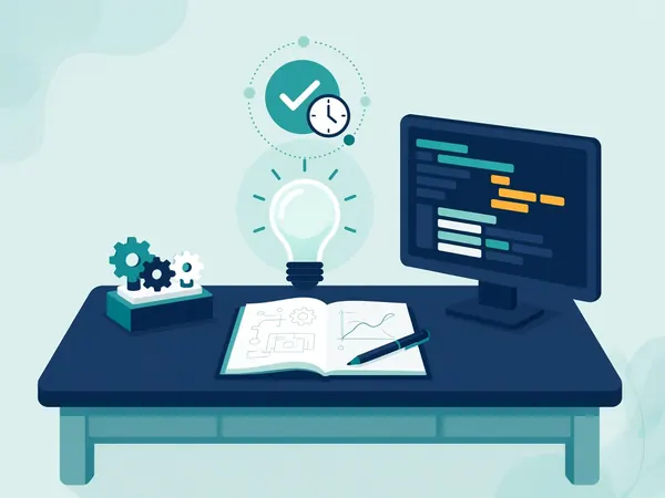 Flat illustration of a light bulb, gears, a lab notebook and a monitor showing source code, with a teal timestamp badge