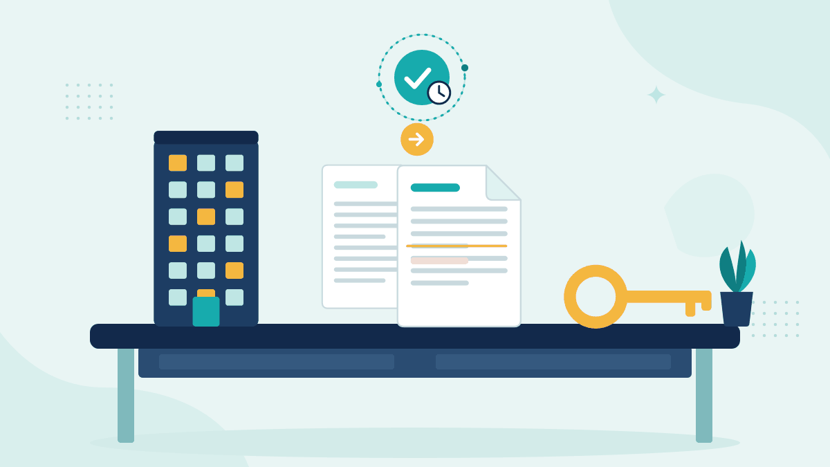 Flat illustration of an office building, an original lease and a late amendment and a house key, with a teal timestamp badge
