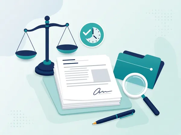 Flat illustration of legal scales, a stack of signed contracts, a folder and a magnifying glass, with a teal timestamp badge