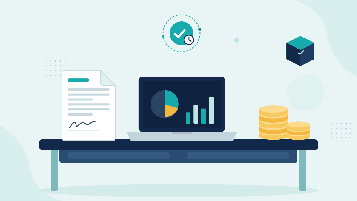 Flat illustration of a signed investment mandate, a laptop with a portfolio dashboard and stacks of coins