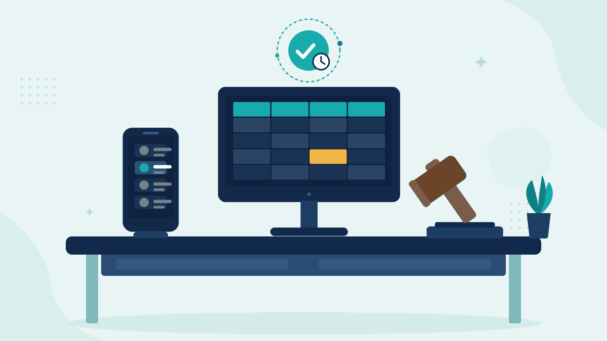 Flat illustration of a phone with a client order email, a monitor with an order spreadsheet and a gavel