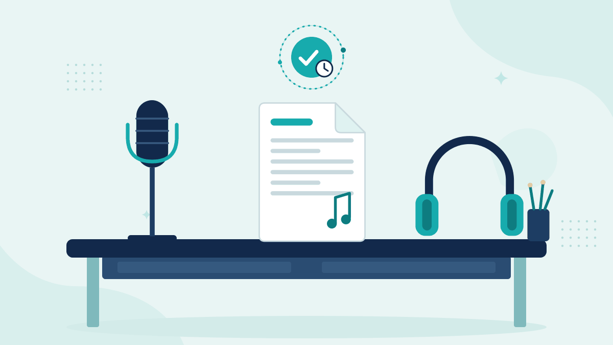 Flat illustration of a microphone, a handwritten lyric sheet and headphones in a home studio, with a teal timestamp badge