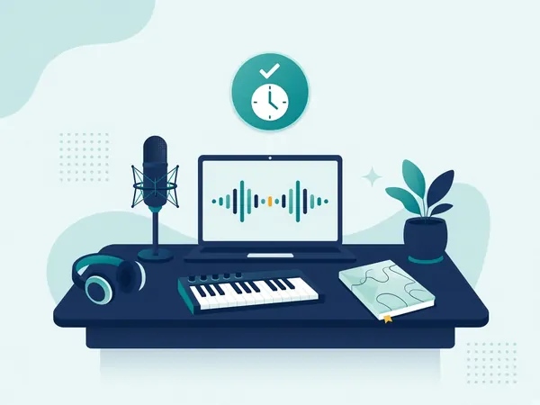 Flat illustration of a home music studio desk with a laptop showing an audio waveform, a keyboard and a microphone, with a teal timestamp badge