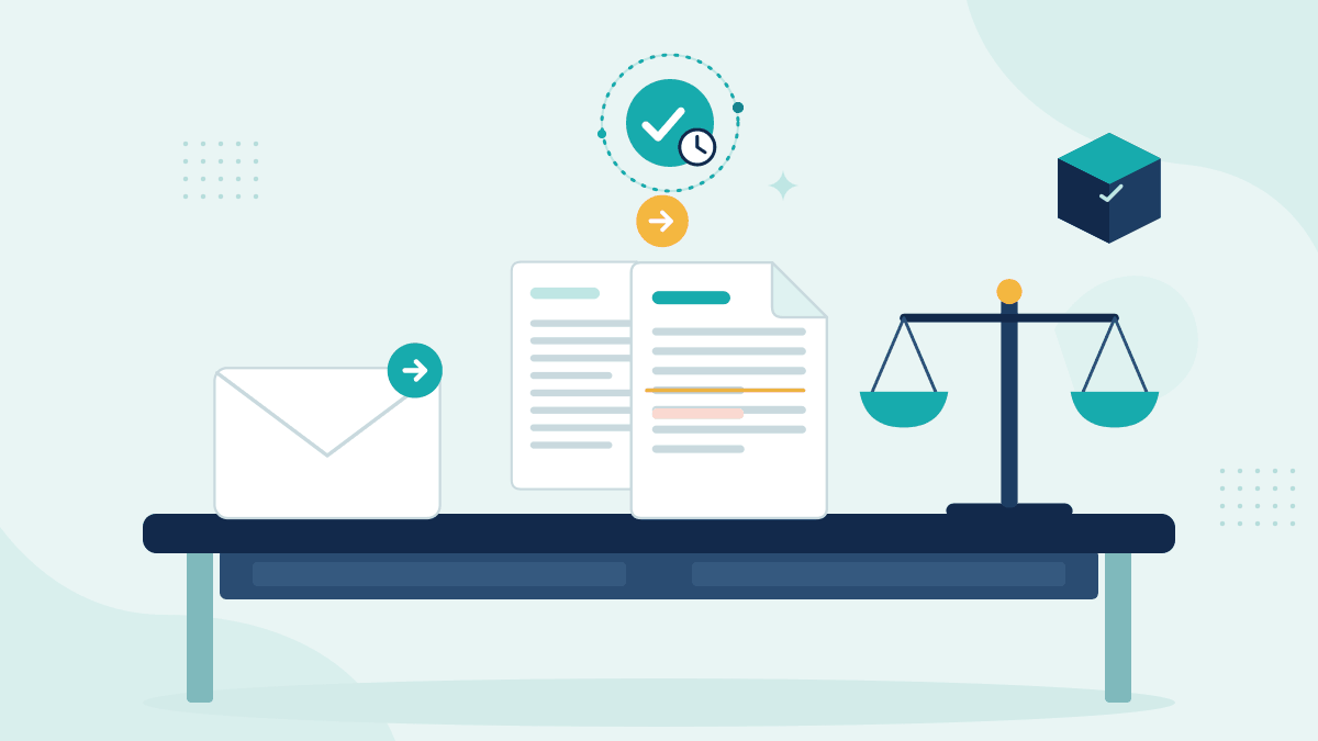 Flat illustration of an email with an amendment, an original and an amended loan agreement and scales of justice