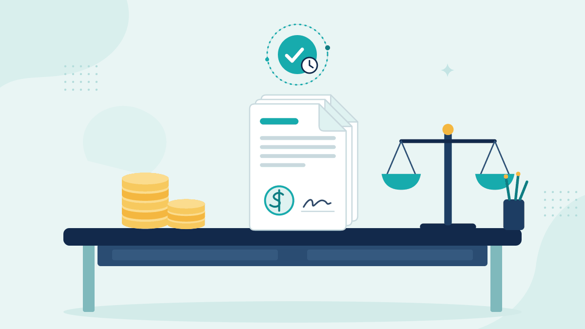 Flat illustration of stacks of coins, a loan approval file and scales of justice, with a teal timestamp badge