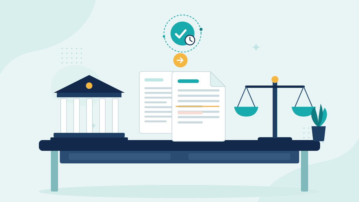 Flat illustration of a bank building, an original and an amended loan agreement and scales of justice