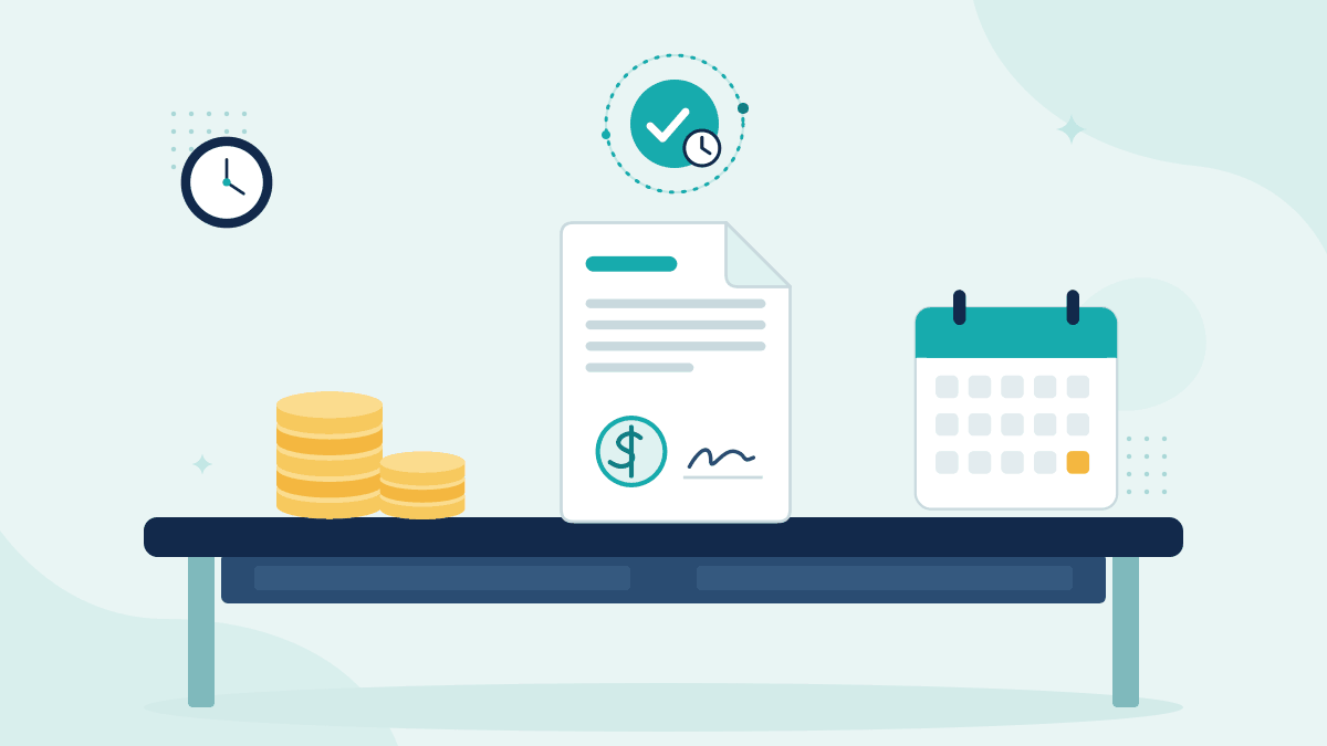 Flat illustration of stacks of coins, a signed loan agreement and a calendar, with a teal timestamp badge
