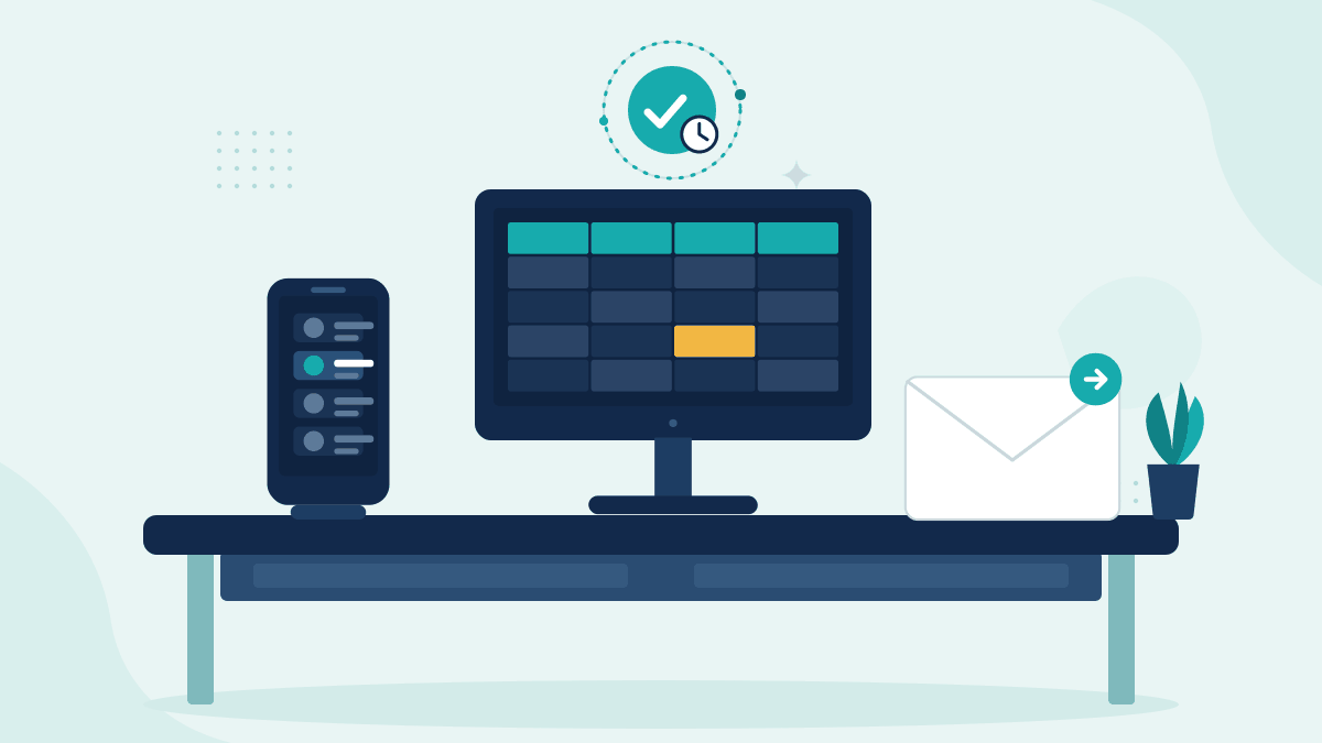 Flat illustration of a phone with a client order email, a monitor with an order spreadsheet and an email envelope