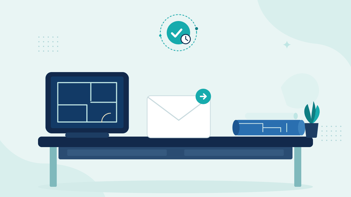 Flat illustration of a tablet with a floor plan, rolled blueprints and an outgoing email to a client, with a timestamp badge