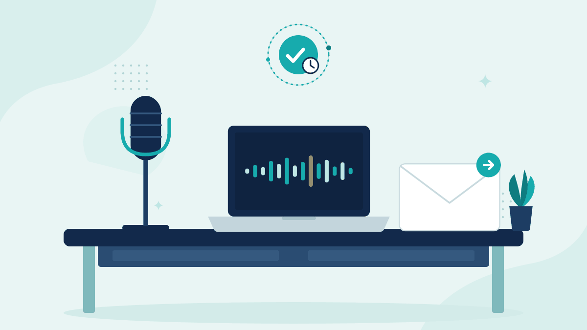 Flat illustration of a studio microphone, a laptop showing an audio waveform and an email being sent, with a timestamp badge