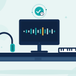 Flat illustration of a monitor showing a beat waveform, studio headphones and a music keyboard, with a timestamp badge