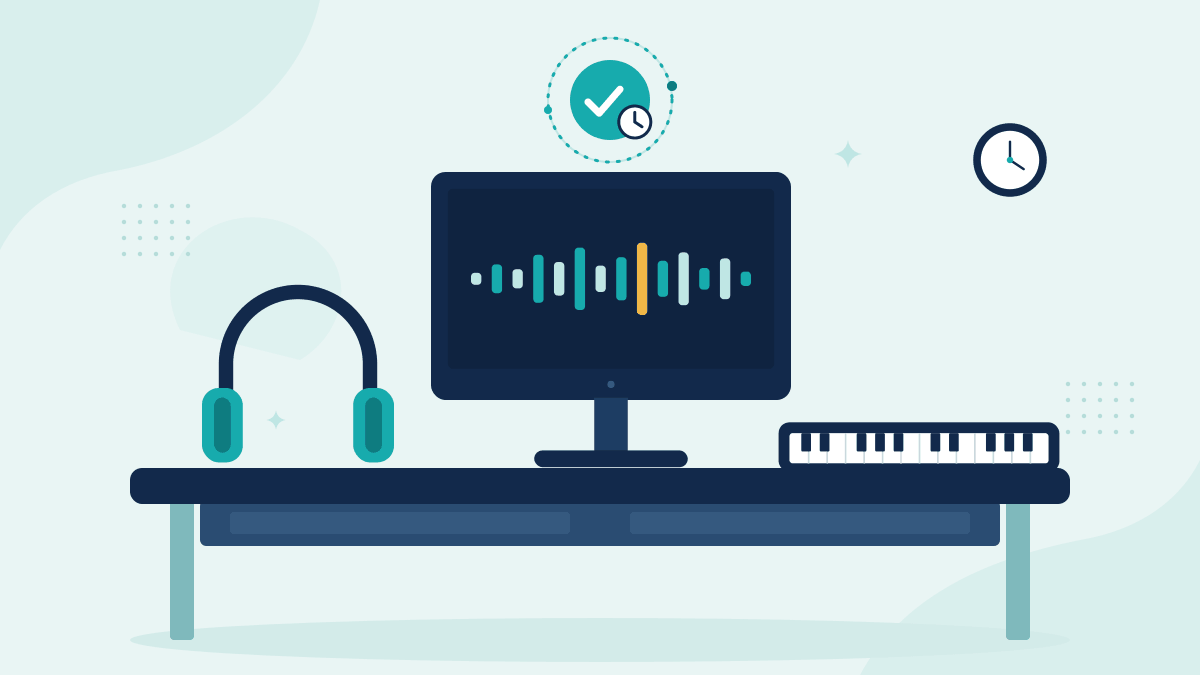Flat illustration of a monitor showing a beat waveform, studio headphones and a music keyboard, with a timestamp badge