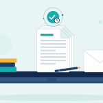 Flat illustration of a manuscript with a pen, a pile of books and an outgoing submission email, with a timestamp badge