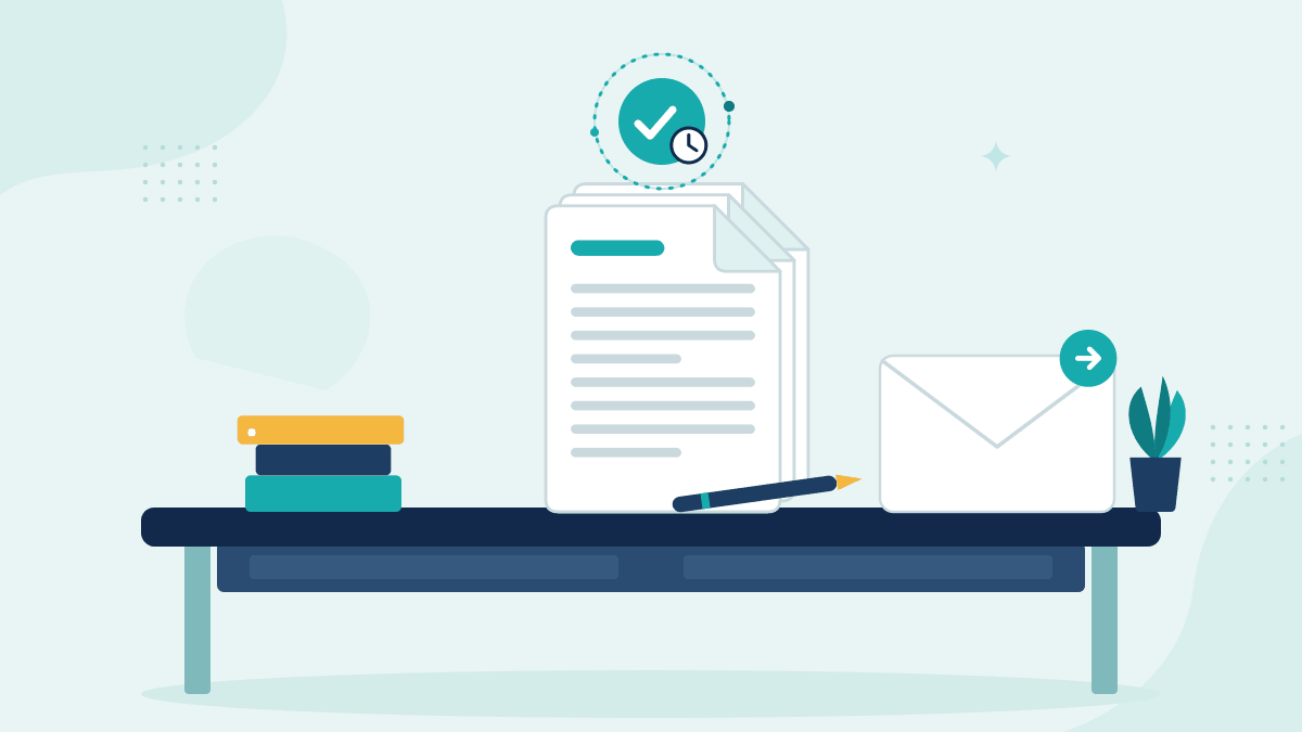 Flat illustration of a manuscript with a pen, a pile of books and an outgoing submission email, with a timestamp badge