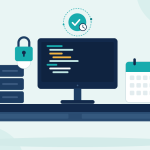 Flat illustration of a monitor with source code, a locked server and a calendar with the release date, with a timestamp badge