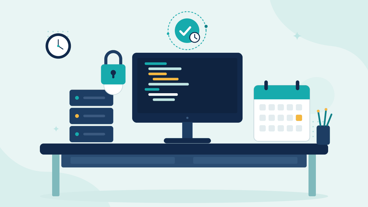 Flat illustration of a monitor with source code, a locked server and a calendar with the release date, with a timestamp badge