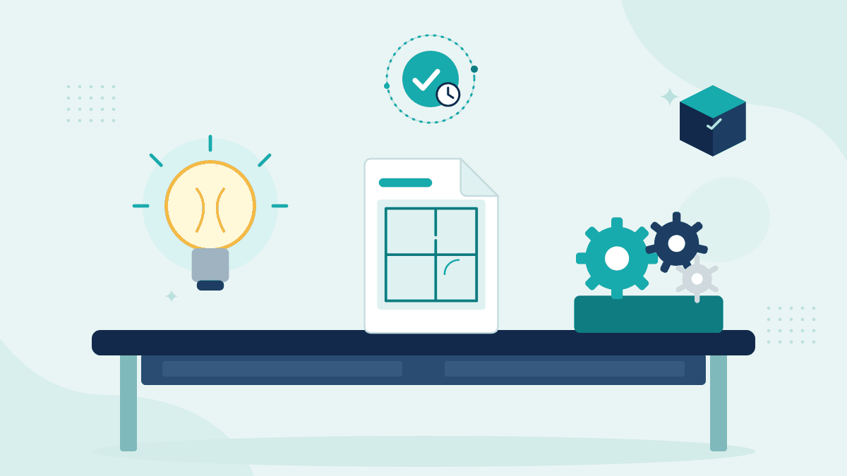 Flat illustration of a glowing light bulb, a patent-style drawing and a set of gears, with a teal timestamp badge