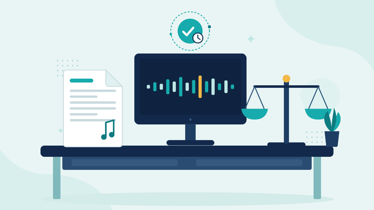Flat illustration of a lyric sheet, a monitor showing a song waveform and scales of justice, with a teal timestamp badge