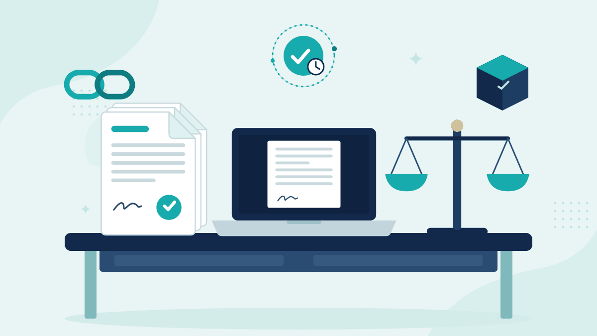 Illustration of sealed documents, a laptop with a signed file and scales of justice, with blockchain block and chain icons