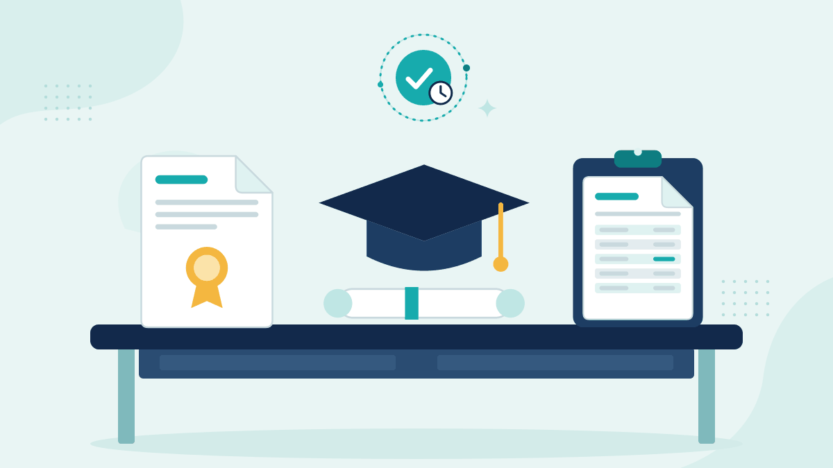 Flat illustration of a certificate with a gold seal, a graduation cap and diploma, and registrar notes