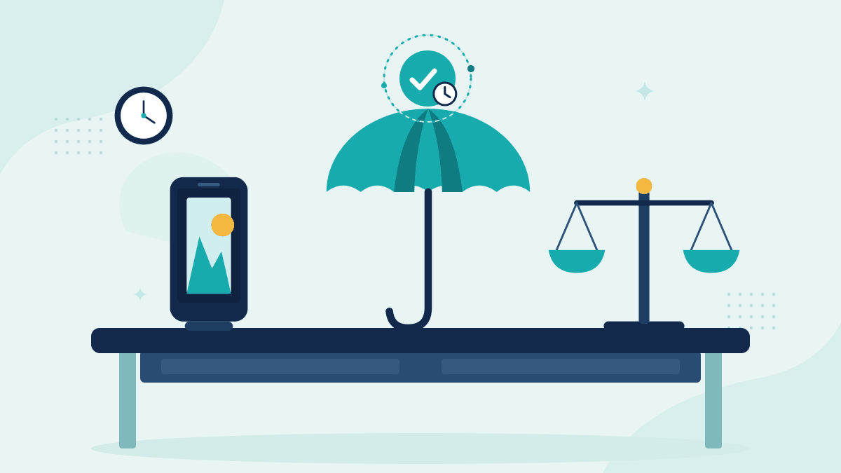 Flat illustration of a phone with claim photos, an insurance umbrella and scales of justice, with a teal timestamp badge