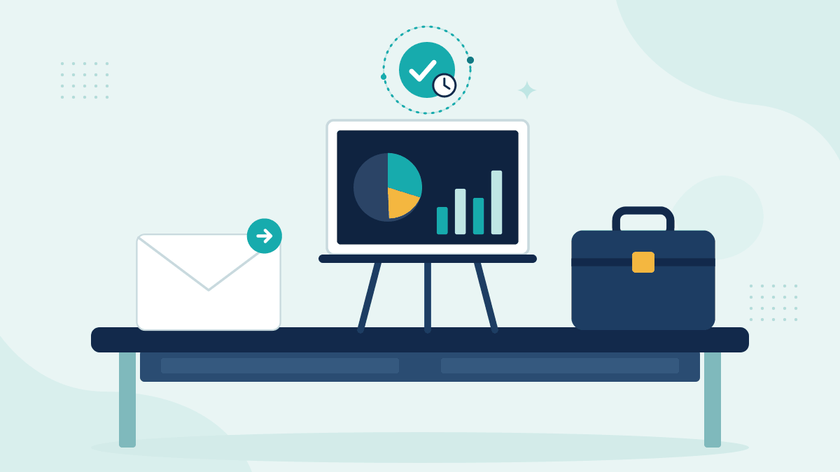 Flat illustration of an email instruction, a presentation board with portfolio charts and a briefcase