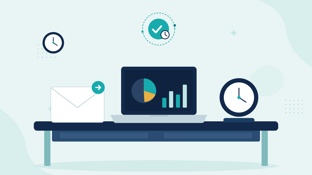Flat illustration of an email instruction, a laptop with a portfolio dashboard and a desk clock, with a teal timestamp badge