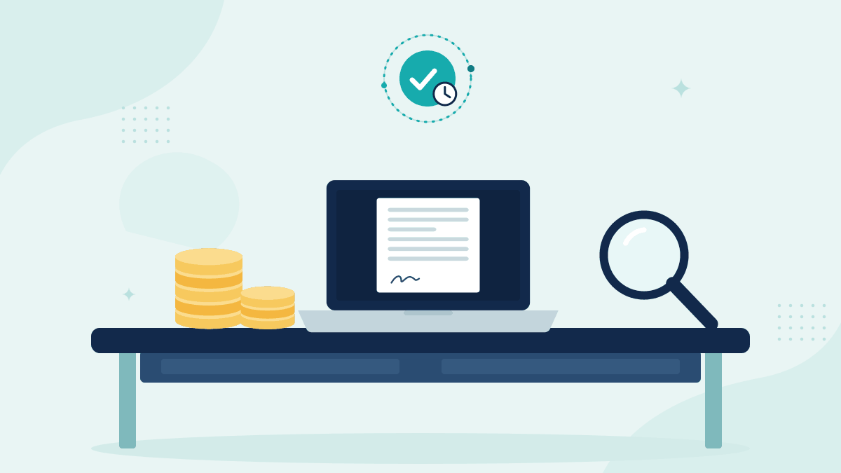 Flat illustration of stacks of coins, a laptop showing a signed loan document and a magnifying glass