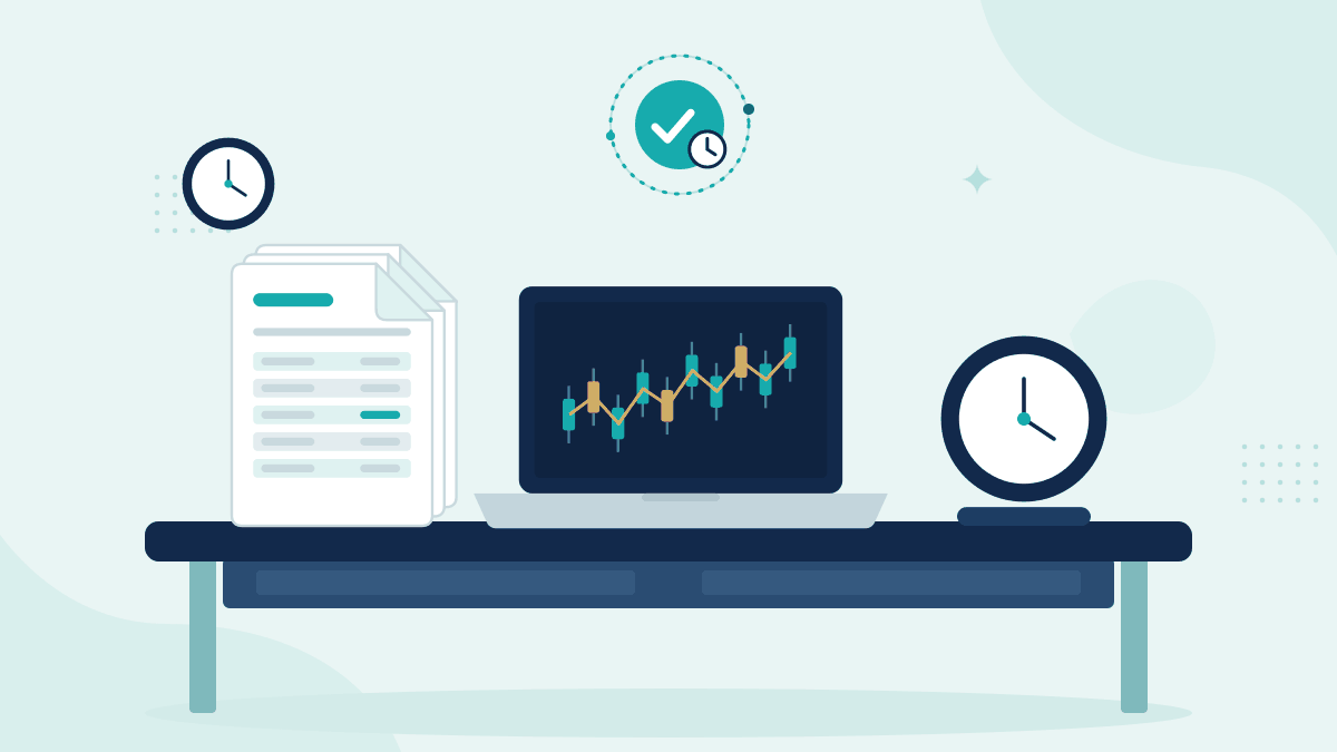 Flat illustration of a stack of trade confirmations, a laptop with a live trading chart and a desk clock